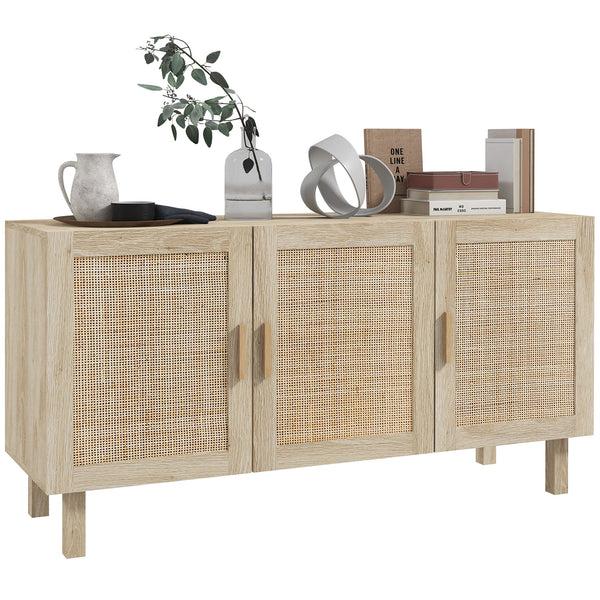 homcom Boho Kitchen Buffet Cabinet with 3 Rattan Doors & Adjustable Shelves Natural