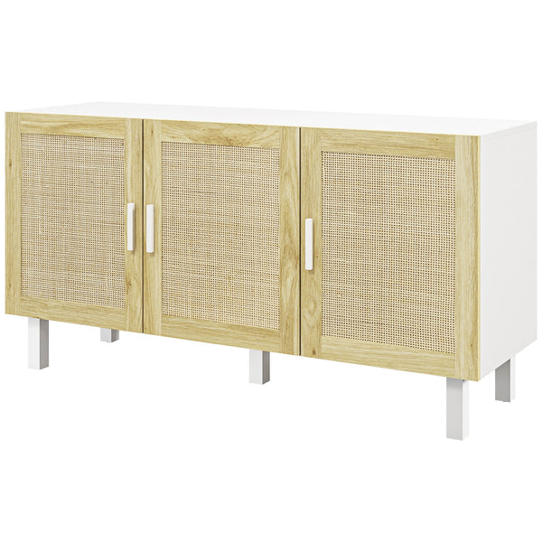 Homcom Boho Kitchen Buffet Cabinet With 3 Rattan Doors And Adjustable Shelves White & Natural