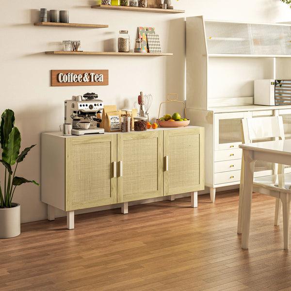 Homcom Boho Kitchen Buffet Cabinet With 3 Rattan Doors And Adjustable Shelves White & Natural