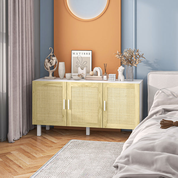 Homcom Boho Kitchen Buffet Cabinet With 3 Rattan Doors And Adjustable Shelves White & Natural