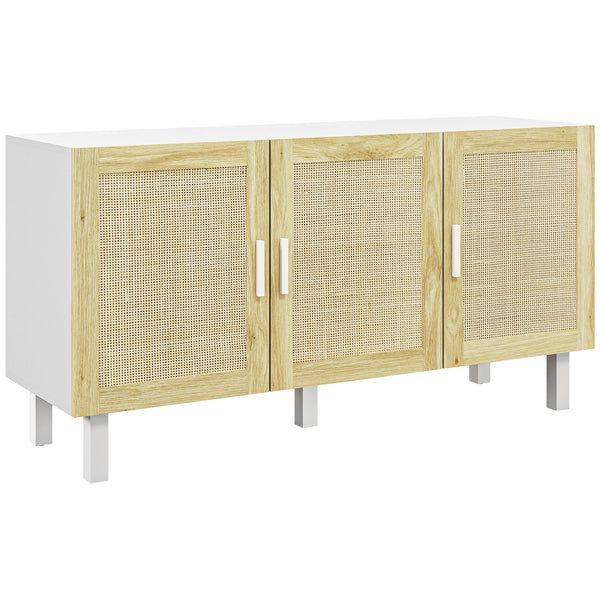homcom Boho Kitchen Buffet Cabinet with 3 Rattan Doors and Adjustable Shelves White & Natural