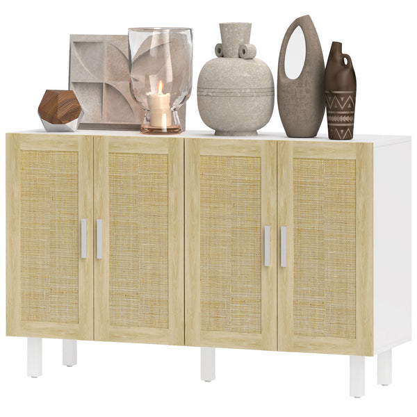 Homcom Boho Kitchen Buffet Cabinet With 4 Rattan Doors And Adjustable Shelves White & Natural