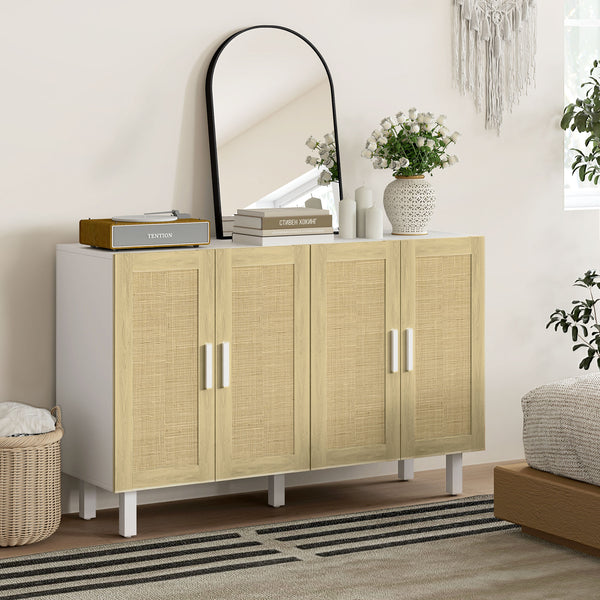 Homcom Boho Kitchen Buffet Cabinet With 4 Rattan Doors And Adjustable Shelves White & Natural