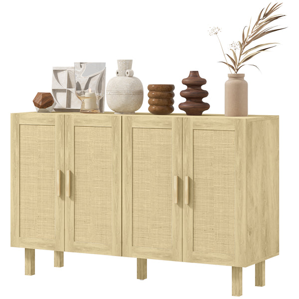 Homcom Boho Kitchen Buffet Cabinet With 4 Rattan Doors And Adjustable Shelves Natural