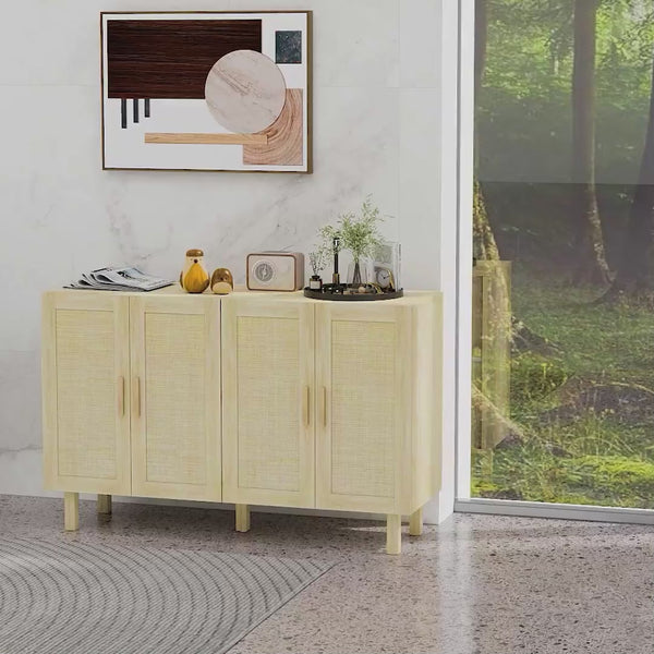 Homcom Boho Kitchen Buffet Cabinet With 4 Rattan Doors And Adjustable Shelves Natural