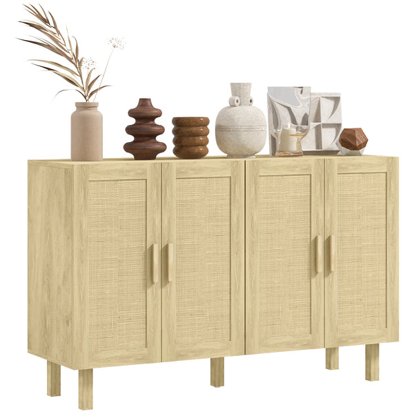 homcom Boho Kitchen Buffet Cabinet with 4 Rattan Doors and Adjustable Shelves Natural