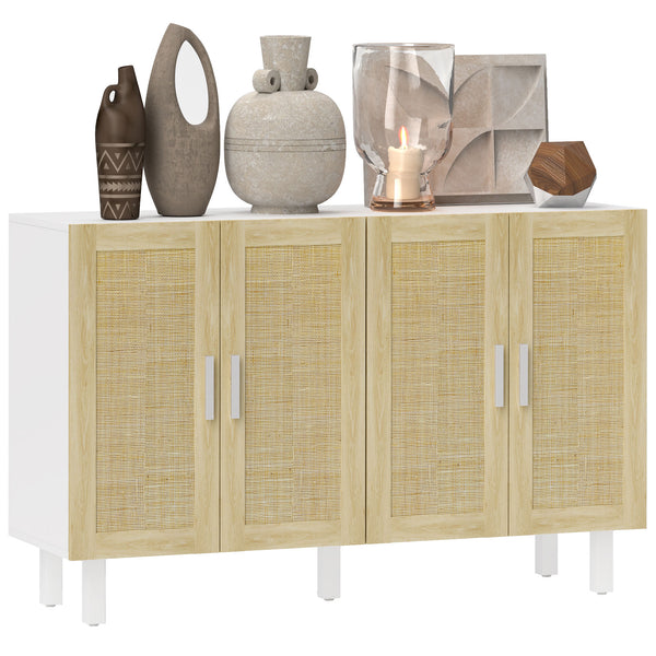 homcom Boho Kitchen Buffet Cabinet with 4 Rattan Doors and Adjustable Shelves White & Natural