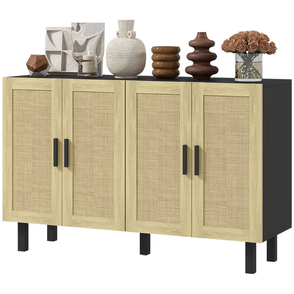 Homcom Boho Sideboard Buffet Cabinet W/ 4 Rattan Doors & Adjustable Shelves Black And Natural