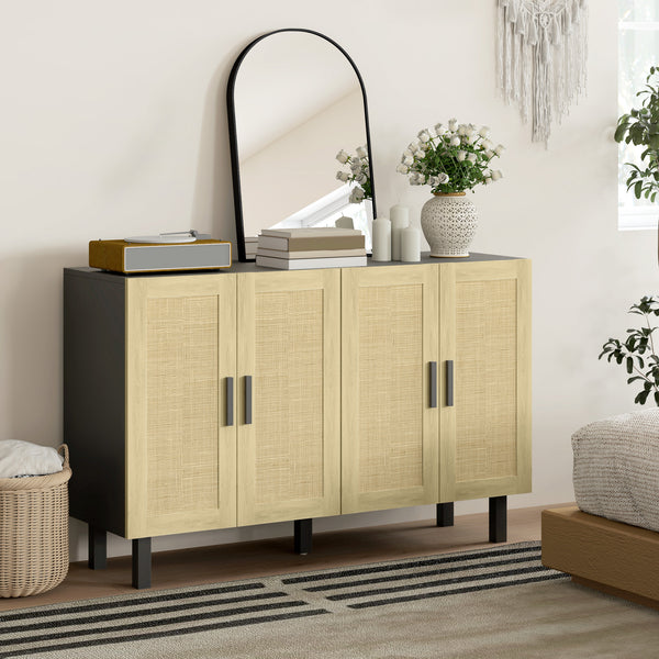 Homcom Boho Sideboard Buffet Cabinet W/ 4 Rattan Doors & Adjustable Shelves Black And Natural