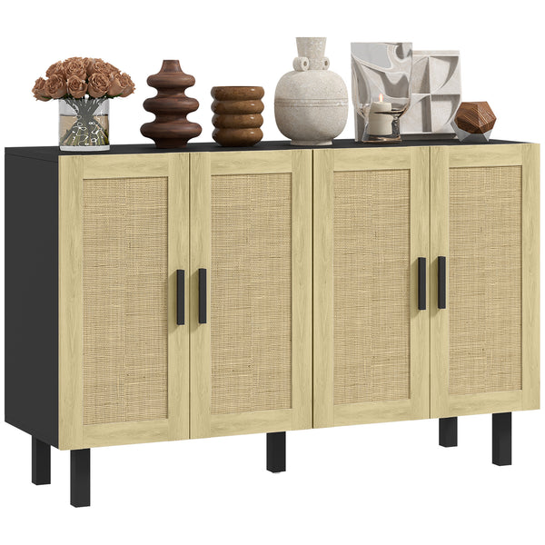homcom Boho Sideboard Buffet Cabinet w/ 4 Rattan Doors & Adjustable Shelves Black and Natural