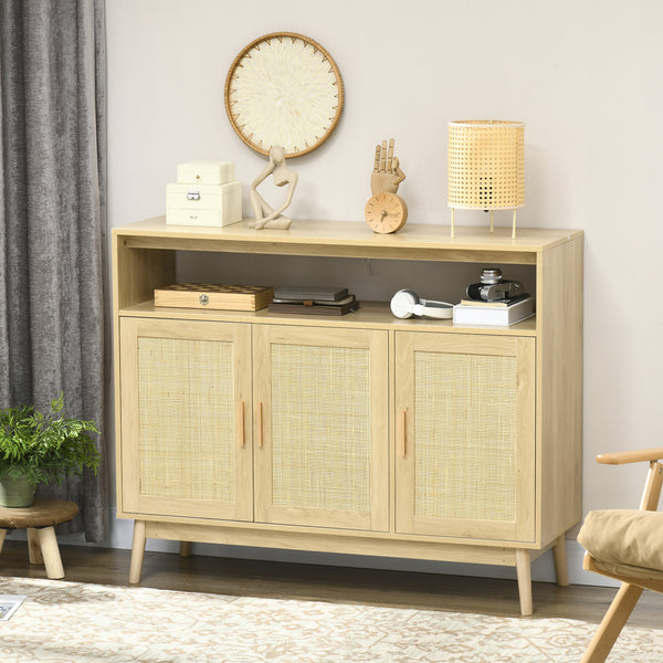 Homcom Boho Sideboard Buffet Cabinet With Rattan Doors Natural