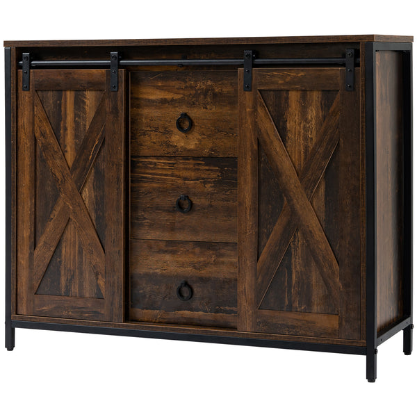 Homcom Buffet Cabinet Kitchen Sideboard With Sliding Barn Doors Brown
