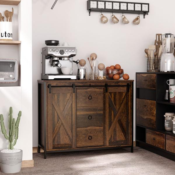Homcom Buffet Cabinet Kitchen Sideboard With Sliding Barn Doors Brown