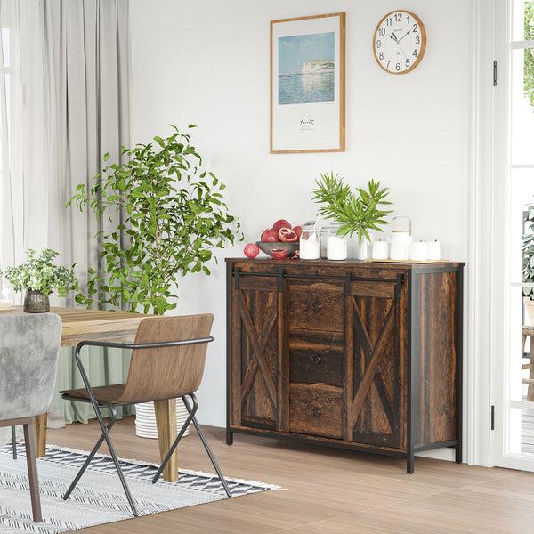 Homcom Buffet Cabinet Kitchen Sideboard With Sliding Barn Doors Brown