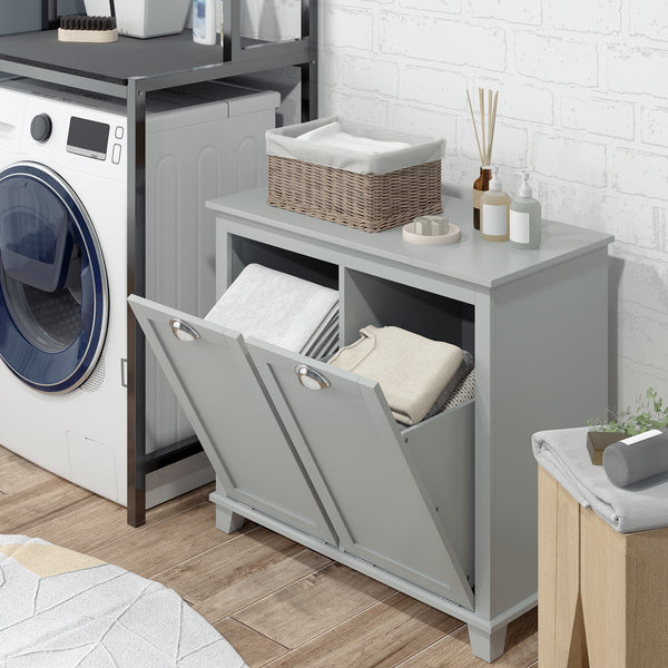 Homcom Compact Dual Tilt-Out Laundry Hamper Cabinet 2-Compartment Storage Modern Design Gray