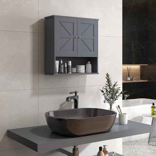 Homcom Farmhouse Bathroom Medicine Cabinet With Barn Doors And Adjustable Shelf Gray