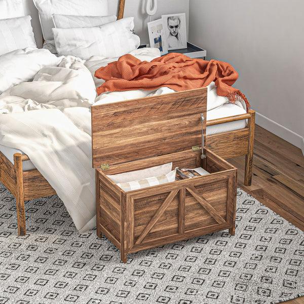Homcom Farmhouse Lift Top Box Organizer With Safety Hinge For Bedroom Brown Oak