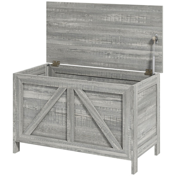 Homcom Farmhouse Lift Top Box Organizer With Safety Hinge For Bedroom Gray Wood Grain