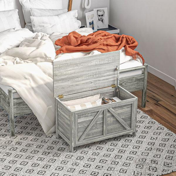 Homcom Farmhouse Lift Top Box Organizer With Safety Hinge For Bedroom Gray Wood Grain