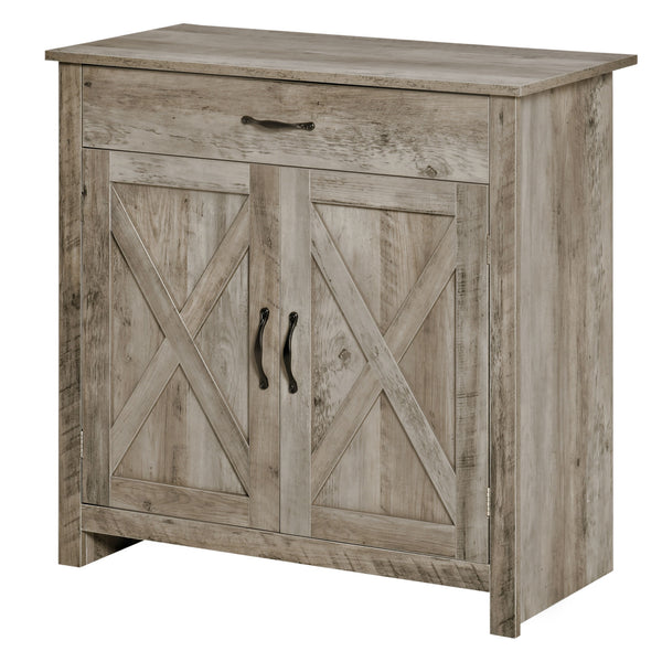 Homcom Farmhouse Sideboard Cabinet With Barn Doors Drawer & Adjustable Shelf Gray