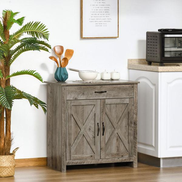 Homcom Farmhouse Sideboard Cabinet With Barn Doors Drawer & Adjustable Shelf Gray