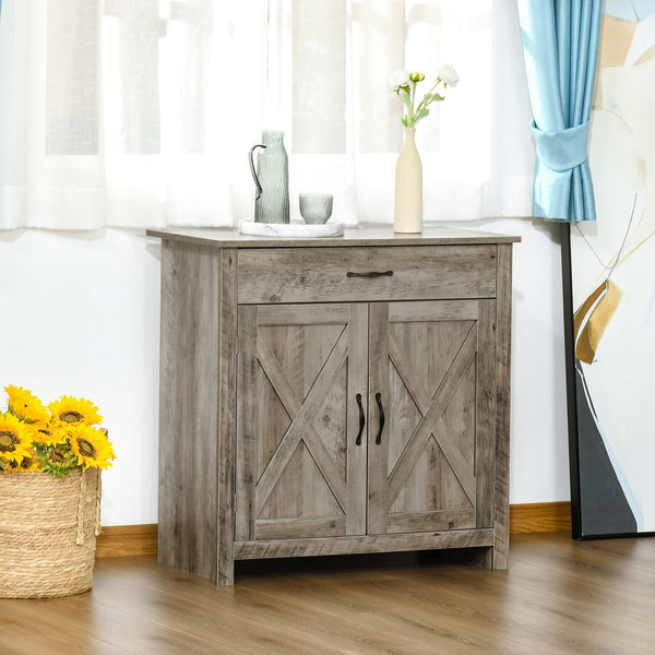 Homcom Farmhouse Sideboard Cabinet With Barn Doors Drawer & Adjustable Shelf Gray