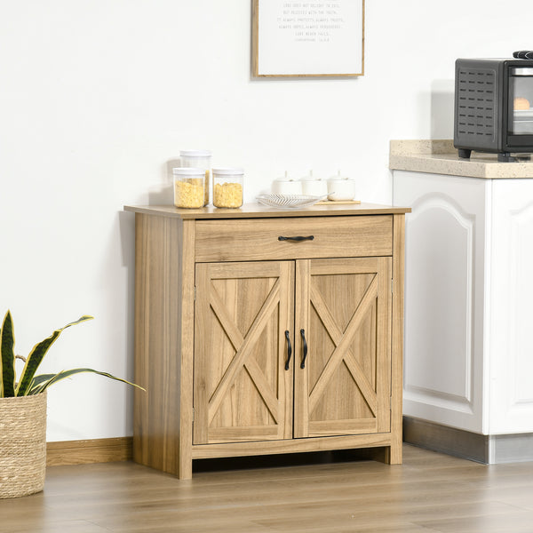 Homcom Farmhouse Sideboard Cabinet With Barn Doors Drawer & Adjustable Shelf Natural Wood Effect