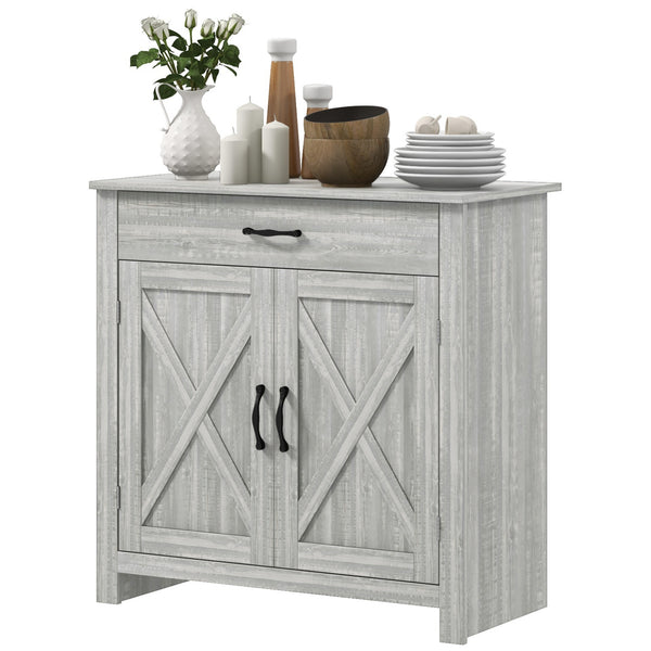 Homcom Farmhouse Sideboard Cabinet With Barn Doors Drawer & Adjustable Shelf Stone Gray
