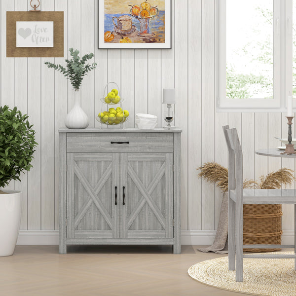 Homcom Farmhouse Sideboard Cabinet With Barn Doors Drawer & Adjustable Shelf Stone Gray