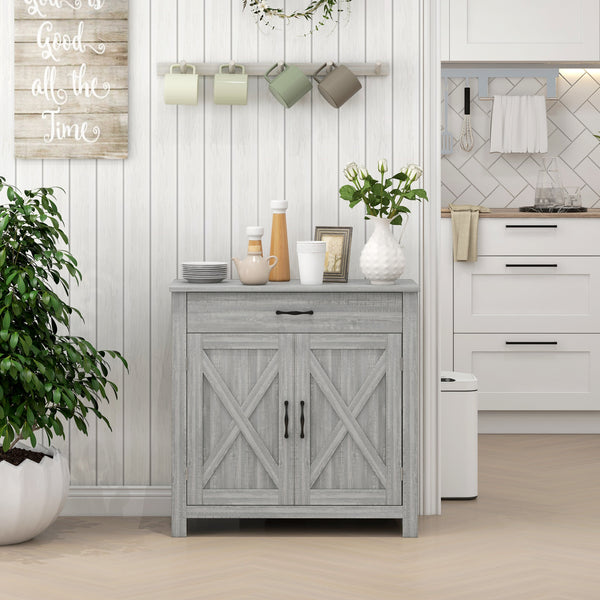 Homcom Farmhouse Sideboard Cabinet With Barn Doors Drawer & Adjustable Shelf Stone Gray
