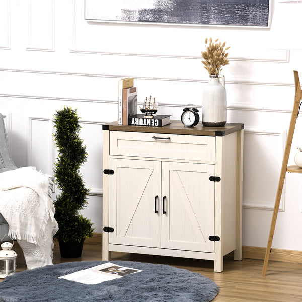 Homcom Farmhouse Sideboard Storage Buffet Cabinet W/ 2 Barn Doors & Drawer Distressed White