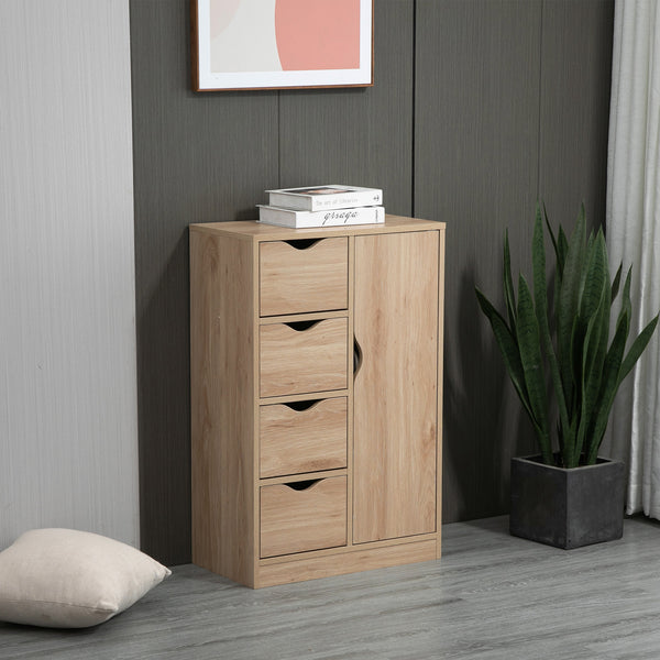 Homcom Freestanding Storage Cabinet Bathroom Floor Cabinet With 4 Drawers And Door Oak