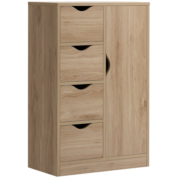 homcom Freestanding Storage Cabinet Bathroom Floor Cabinet with 4 Drawers and Door Oak