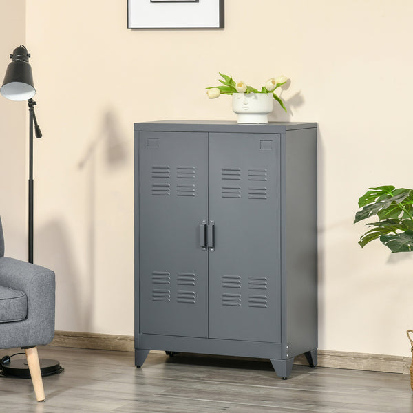 Homcom Industrial Steel Garage Storage Cabinet W/ Double Doors & Adjustable Shelves Grey
