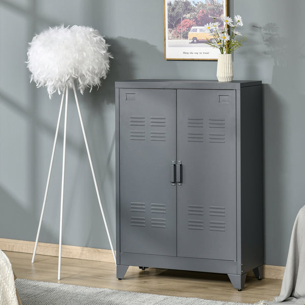 Homcom Industrial Steel Garage Storage Cabinet W/ Double Doors & Adjustable Shelves Grey