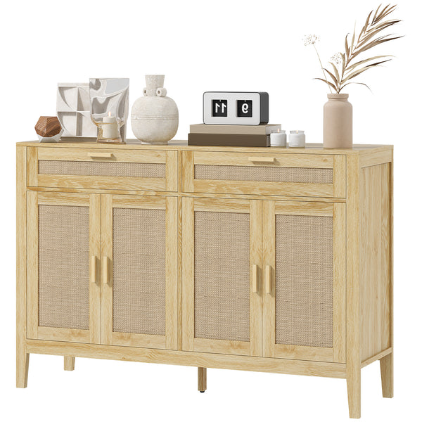 Homcom Kitchen Sideboard Cabinet Boho Entryway Cabinet With Rattan Doors And Drawers Oak