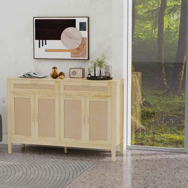 Homcom Kitchen Sideboard Cabinet Boho Entryway Cabinet With Rattan Doors And Drawers Oak