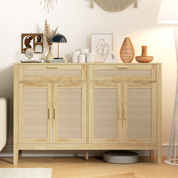 Homcom Kitchen Sideboard Cabinet Boho Entryway Cabinet With Rattan Doors And Drawers Oak