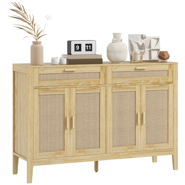 homcom Kitchen Sideboard Cabinet Boho Entryway Cabinet with Rattan Doors and Drawers Oak