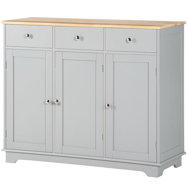 Homcom Kitchen Sideboard Floor Cupboard W/ Solid Wood Top Adjustable Shelf & 3 Drawers Gray