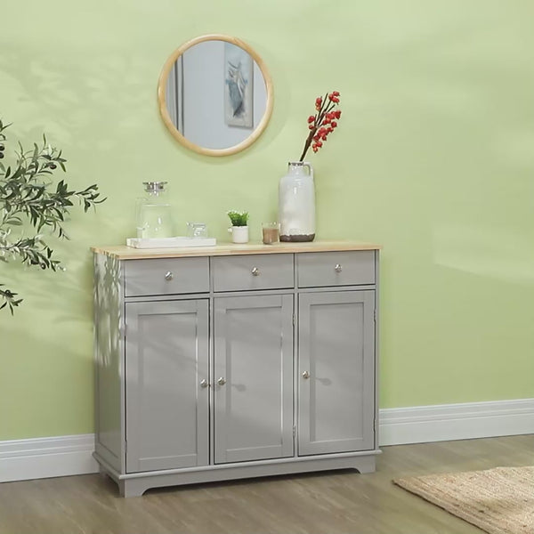 Homcom Kitchen Sideboard Floor Cupboard W/ Solid Wood Top Adjustable Shelf & 3 Drawers Gray