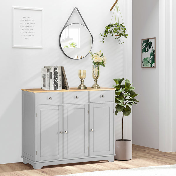 Homcom Kitchen Sideboard Floor Cupboard W/ Solid Wood Top Adjustable Shelf & 3 Drawers Gray