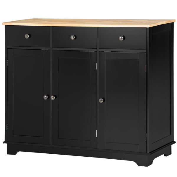 Homcom Kitchen Sideboard Floor Cupboard W/ Solid Wood Top Adjustable Shelf & 3 Drawers Black