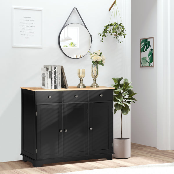 Homcom Kitchen Sideboard Floor Cupboard W/ Solid Wood Top Adjustable Shelf & 3 Drawers Black