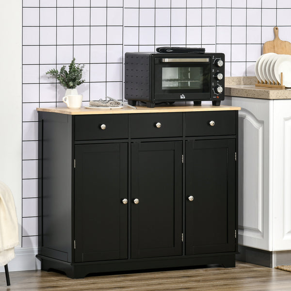 Homcom Kitchen Sideboard Floor Cupboard W/ Solid Wood Top Adjustable Shelf & 3 Drawers Black