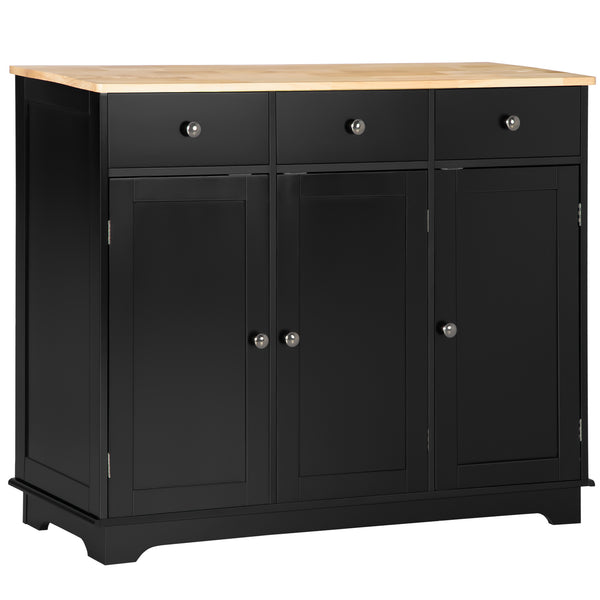 homcom Kitchen Sideboard Floor Cupboard w/ Solid Wood Top Adjustable Shelf & 3 Drawers Black