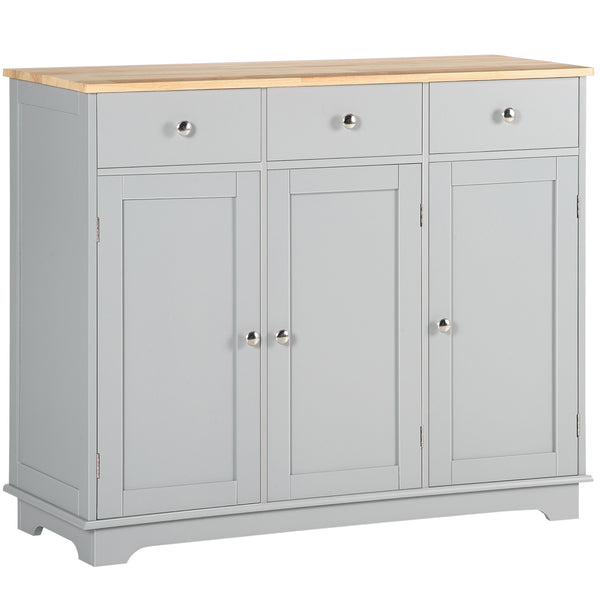 homcom Kitchen Sideboard Floor Cupboard w/ Solid Wood Top Adjustable Shelf & 3 Drawers Gray