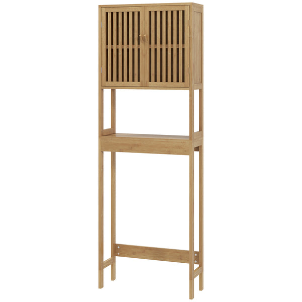 Homcom Over The Toilet Cabinet Bamboo Bathroom With Slatted Doors And Adjustable Shelf Natural