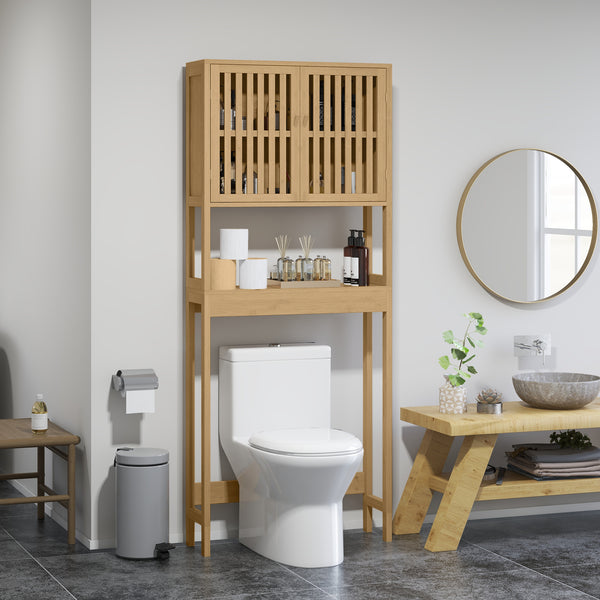 Homcom Over The Toilet Cabinet Bamboo Bathroom With Slatted Doors And Adjustable Shelf Natural
