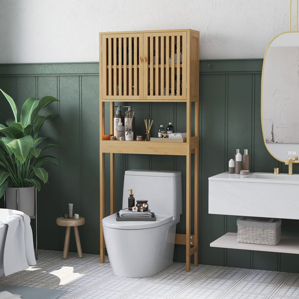 Homcom Over The Toilet Cabinet Bamboo Bathroom With Slatted Doors And Adjustable Shelf Natural